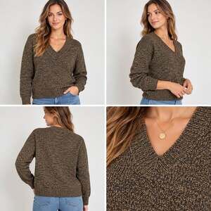 Fashion Bug Womens XL Brown Black Marled V Neck Knit Pullover Sweater
